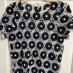 Lucy Paris Navy/White Crochet Short Sleeve Top, Size Small